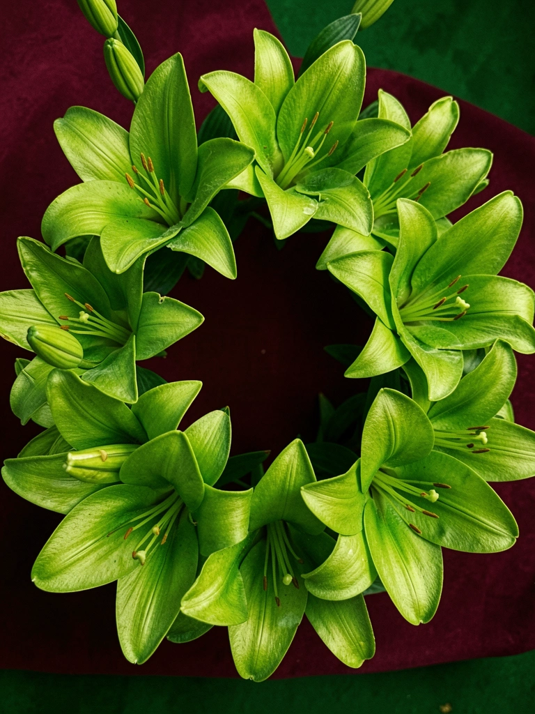 Lírios verdes vibrantes em composição circular, pétalas aveludadas com iluminação suave e fundo verde escuro.