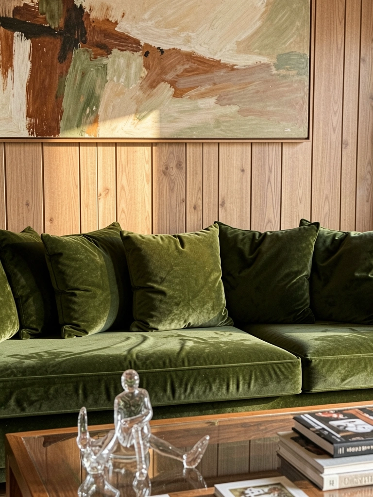 Sofá verde-oliva aveludado com almofadas, mesa de vidro com escultura e livros, parede de painéis de madeira clara e quadro abstrato.