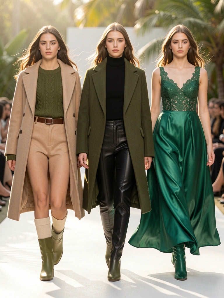 Três mulheres em um desfile: a primeira com suéter verde musgo, casaco bege e cinto marrom; a segunda com casaco verde-oliva escuro, gola rulê preta e calça de couro; a terceira com vestido verde-esmeralda de cetim e corpete de renda. Luz natural suave.