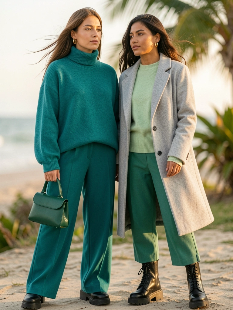 Duas mulheres em suéteres de lã verde e cinza, com brincos de argola dourados e botas pretas, ao ar livre com luz natural e fundo desfocado.