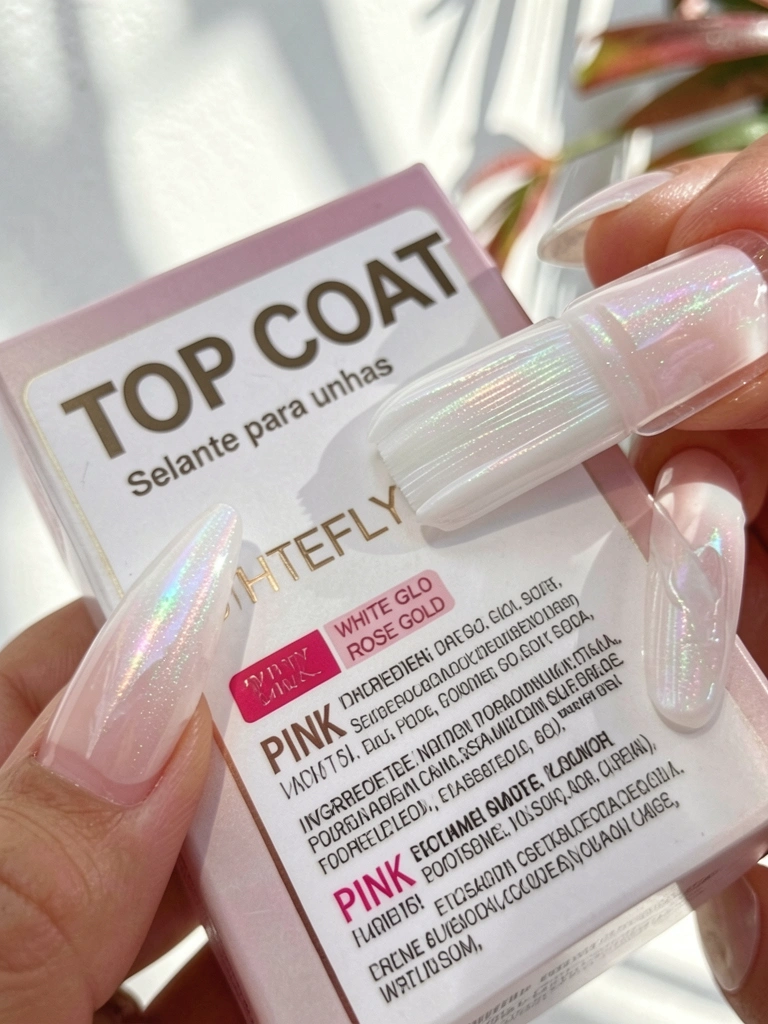 Mão aplicando esmalte branco iridescente com pincel visível, frasco 