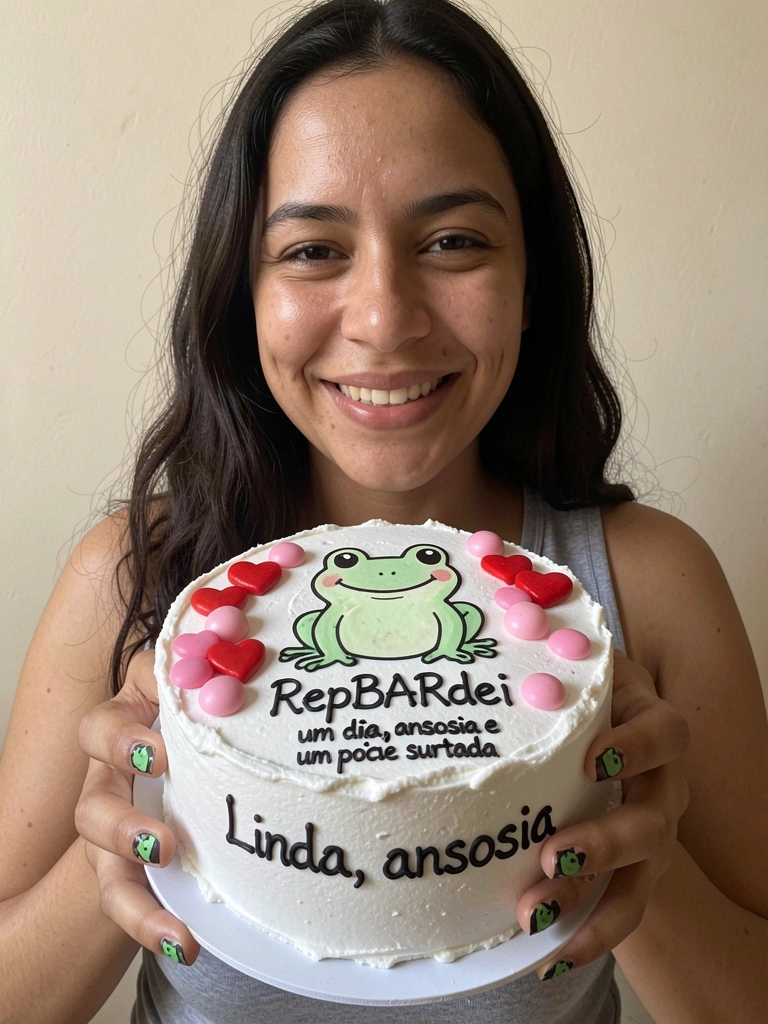 Topo de bolo do personagem Flork e mãos com unhas decoradas com o mesmo desenho.