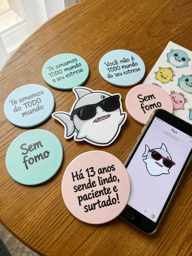 Três variações de topo de bolo Flork: versão digital na tela de um tablet, versão física em biscuit e adesivo sobre uma mesa.