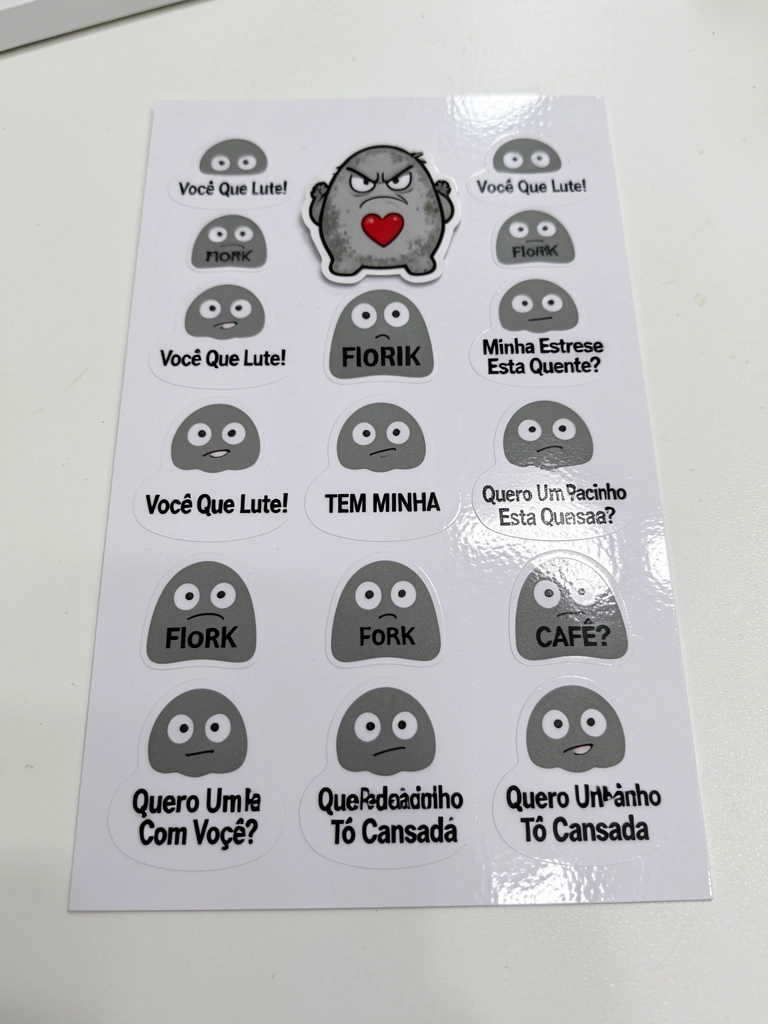 Cartela de adesivos Flork para unhas com personagens de olhos arregalados e expressões variadas.