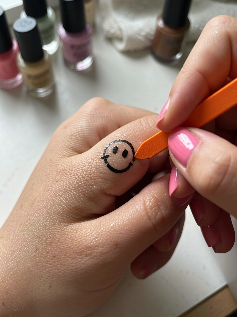 Mão desenhando um boneco Flork na unha usando um palito de laranjeira.