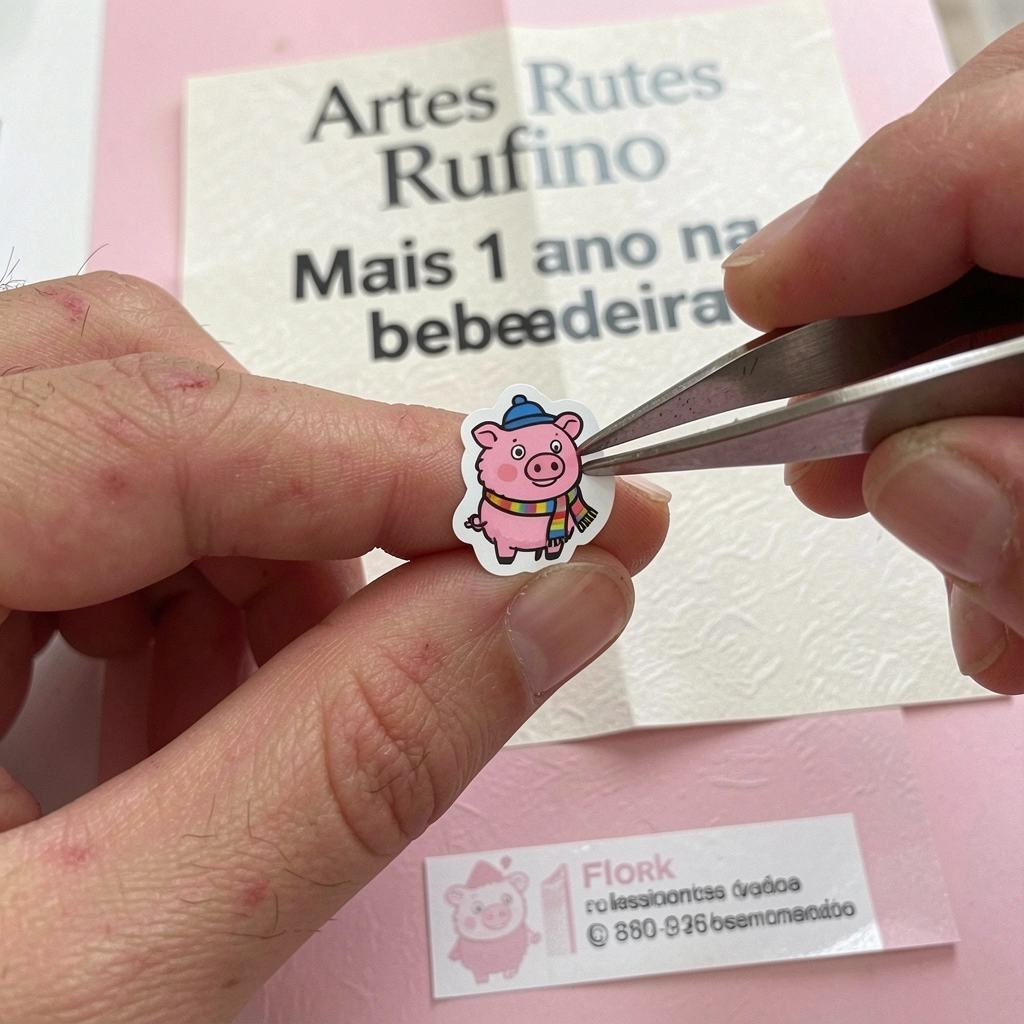 Pinça segurando adesivo de unha com desenho do Flork sobre uma superfície.