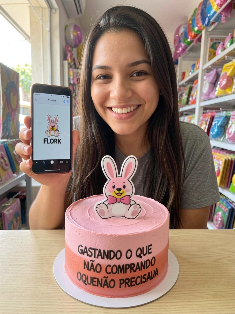 Pessoa segurando celular com pesquisa de adesivo Flork em loja de festas, prateleiras com itens coloridos ao fundo.
