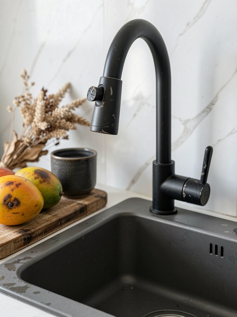 Torneira metálica em primeiro plano sobre bancada de cozinha moderna com armários claros ao fundo.