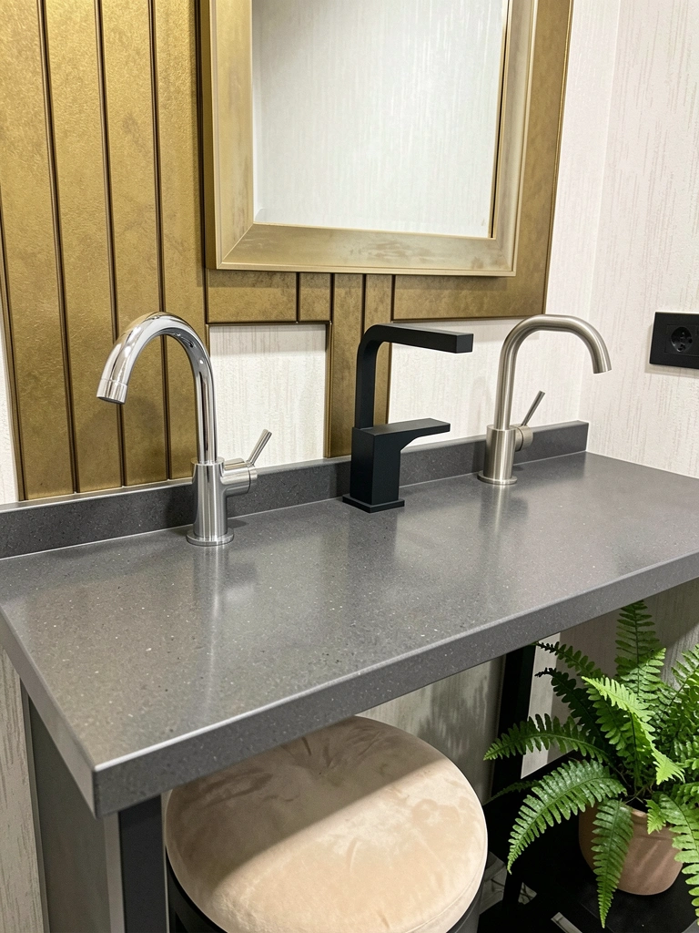Três torneiras de cozinha lado a lado, com designs e acabamentos diferentes.