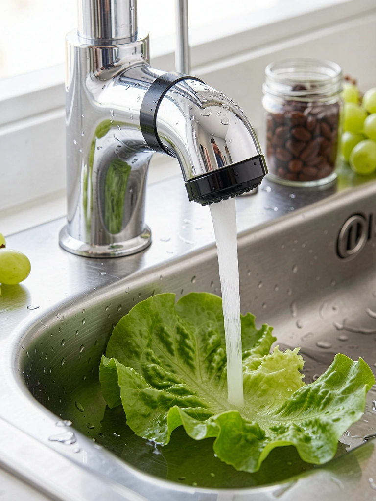 Jato de água focado saindo de torneira cromada e preta sobre alface verde e cuba de inox, luz natural destacando gotículas e texturas metálicas.