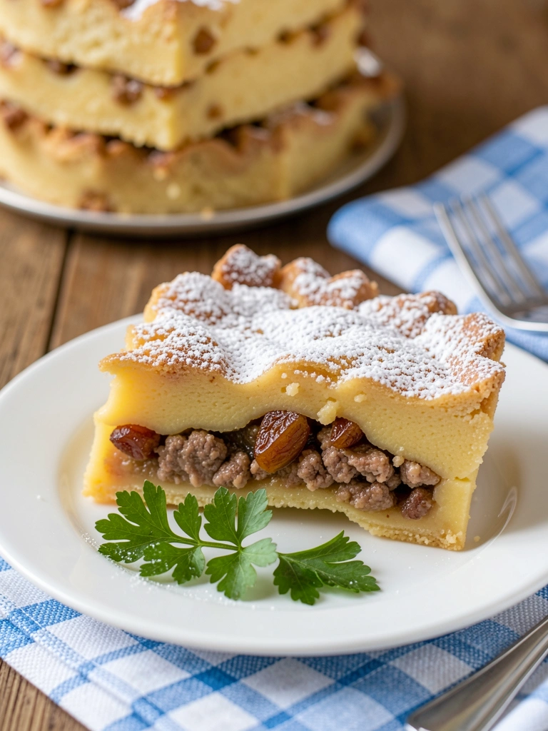 Fatias de torta de creme e carne em prato branco com salsinha, pilha de tortas ao fundo sobre mesa de madeira com toalha xadrez azul e garfo prateado.