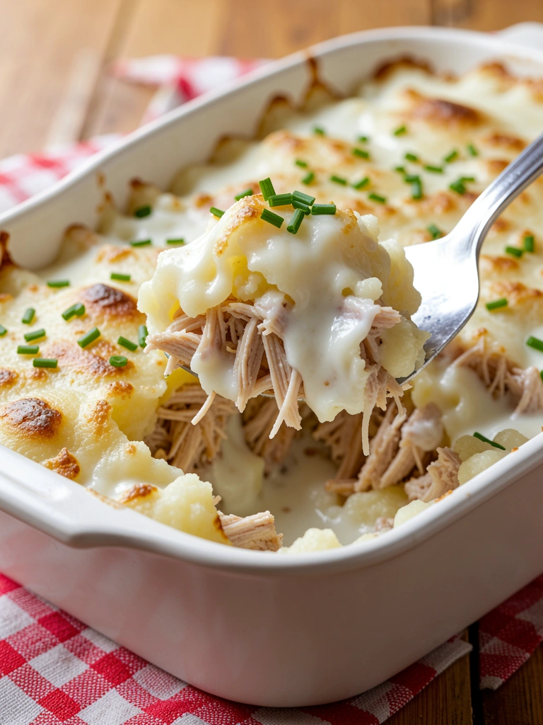 Creme branco e dourado de frango e batata em travessa retangular, colher de prata levantando porção, cebolinha verde, mesa de madeira com toalha xadrez vermelha e branca, luz natural.