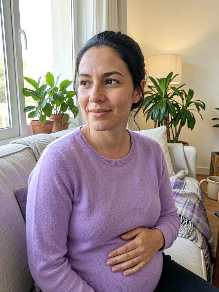 Mulher com a mão na barriga, olhar pensativo, em ambiente claro e acolhedor