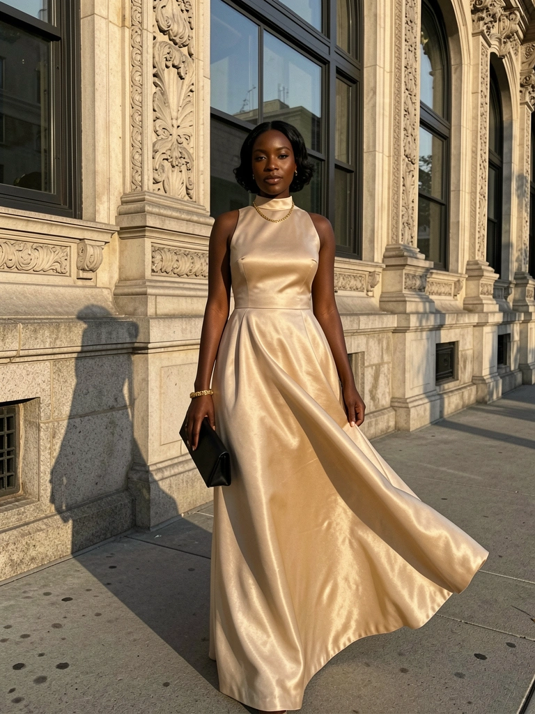 Mulher negra de vestido longo champagne acetinado, colar de ouro e bolsa preta, em frente a fachada ornamentada com luz natural.
