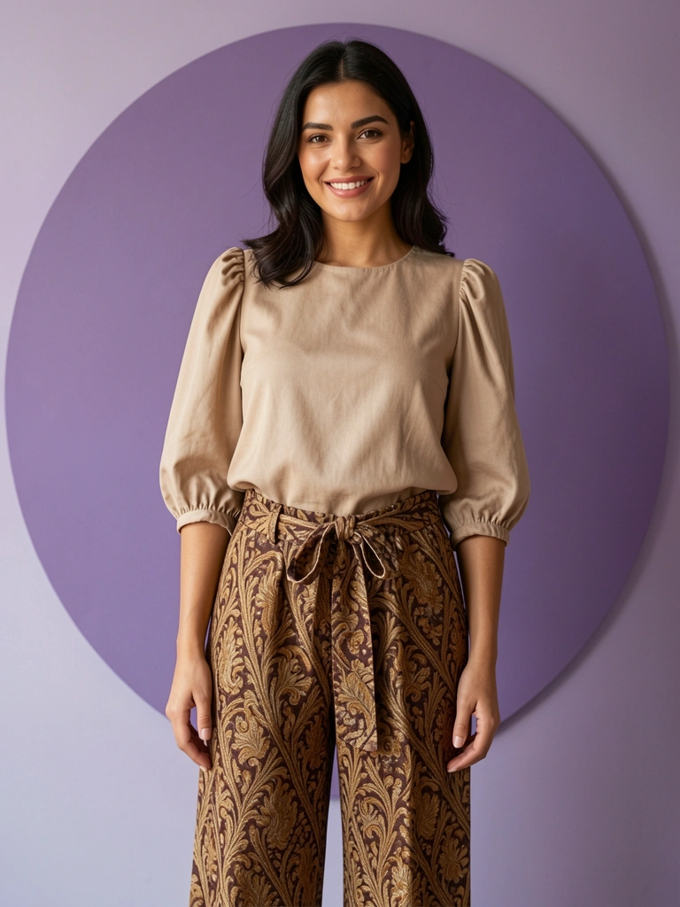 Mulher com blusa bege de mangas bufantes e calça marrom com estampa dourada, cinto na cintura, em estúdio com fundo roxo claro e círculo grande atrás.