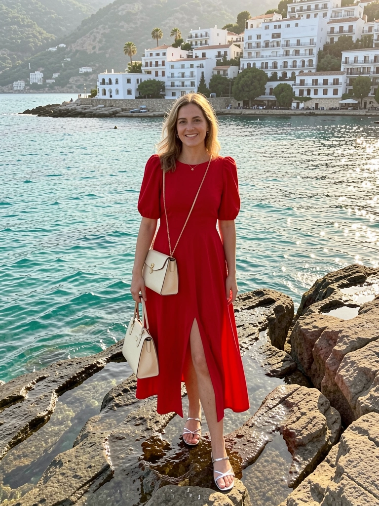 Mulher sorrindo em vestido vermelho com fenda e sandálias prateadas sobre rochas molhadas, mar turquesa e casario branco ao fundo.