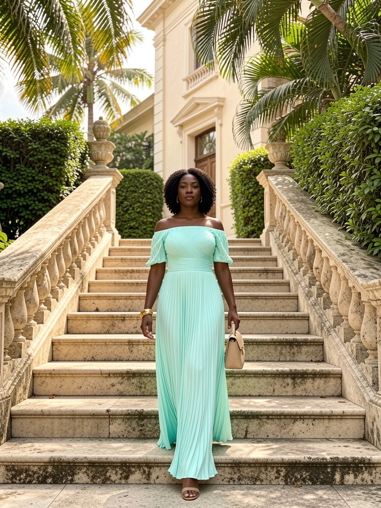 Mulher negra desce escadaria de pedra ornamentada em vestido turquesa plissado, bolsa bege e pulseira de ouro, luz tropical filtrando entre folhagens.
