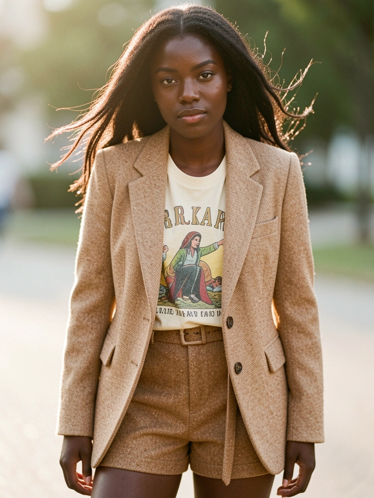 Jovem negra de blazer tweed marrom claro e camiseta gráfica creme, com cabelo e roupas levemente ao vento, em contraluz suave externa.