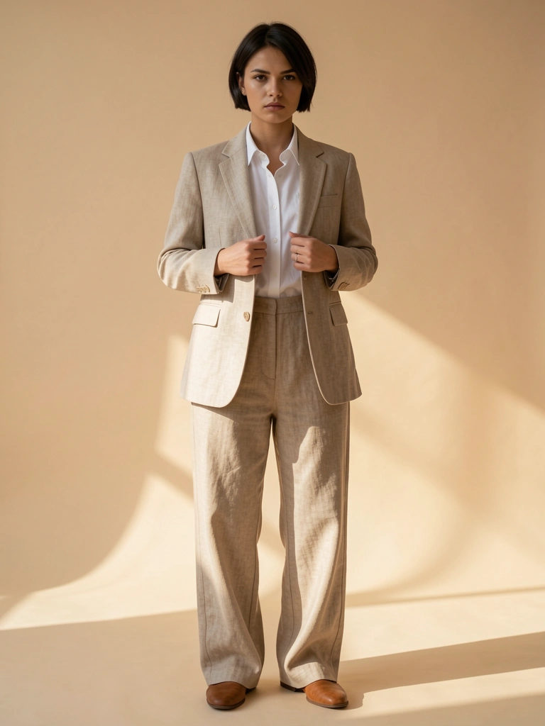 Jovem com blazer de linho e calça wide-leg bege, mãos no colarinho, olhar sério, fundo bege com luz suave destacando a textura do tecido.