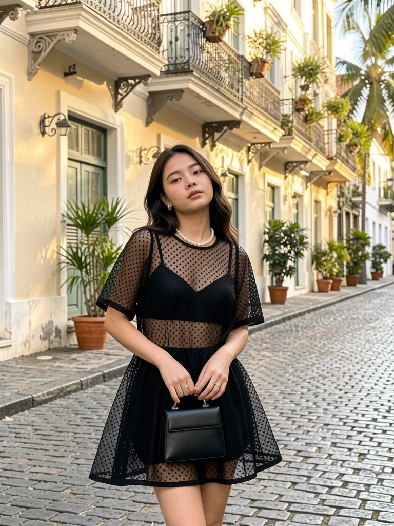 Vestido preto de malha com bolinhas em mulher jovem, rua de paralelepípedos, sacola preta, joias de pérola, varanda de ferro forjado com plantas, luz natural quente.