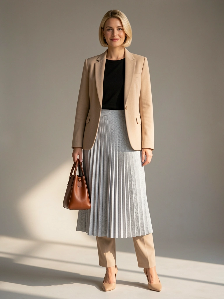 Mulher de blazer bege e saia plissada cinza segurando bolsa marrom, fundo neutro desfocado com luz natural.