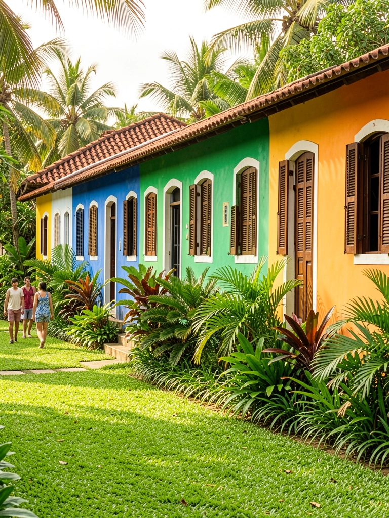 Fileira de casas coloridas em azul, verde, amarelo e laranja com telhados de terracota e venezianas de madeira, sob luz natural intensa e vegetação tropical.