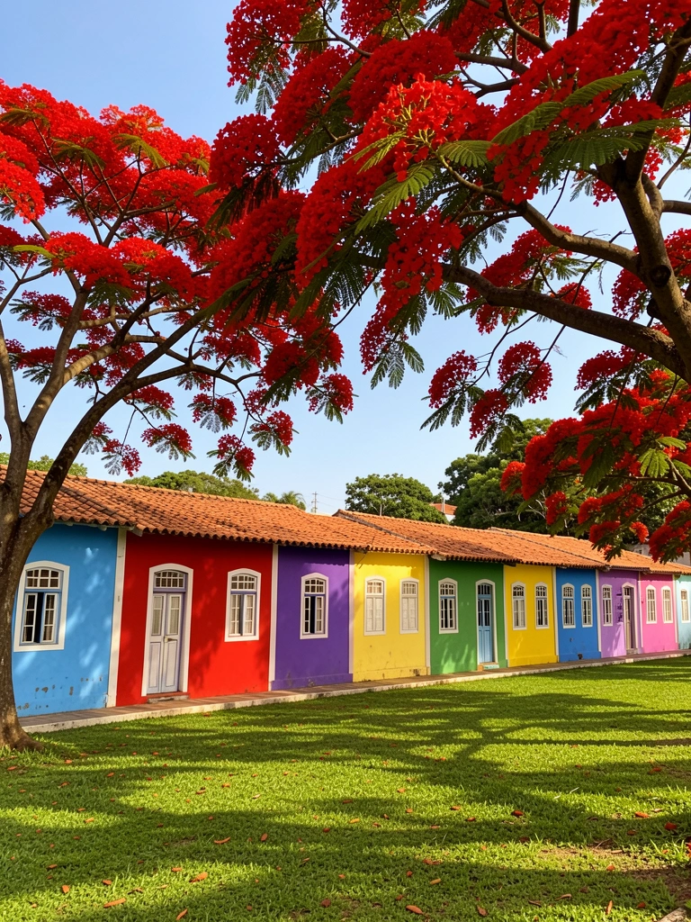 Fileira de casas coloridas com telhados de terracota sob copas de flamboyant vermelhas, grama verde e céu azul.