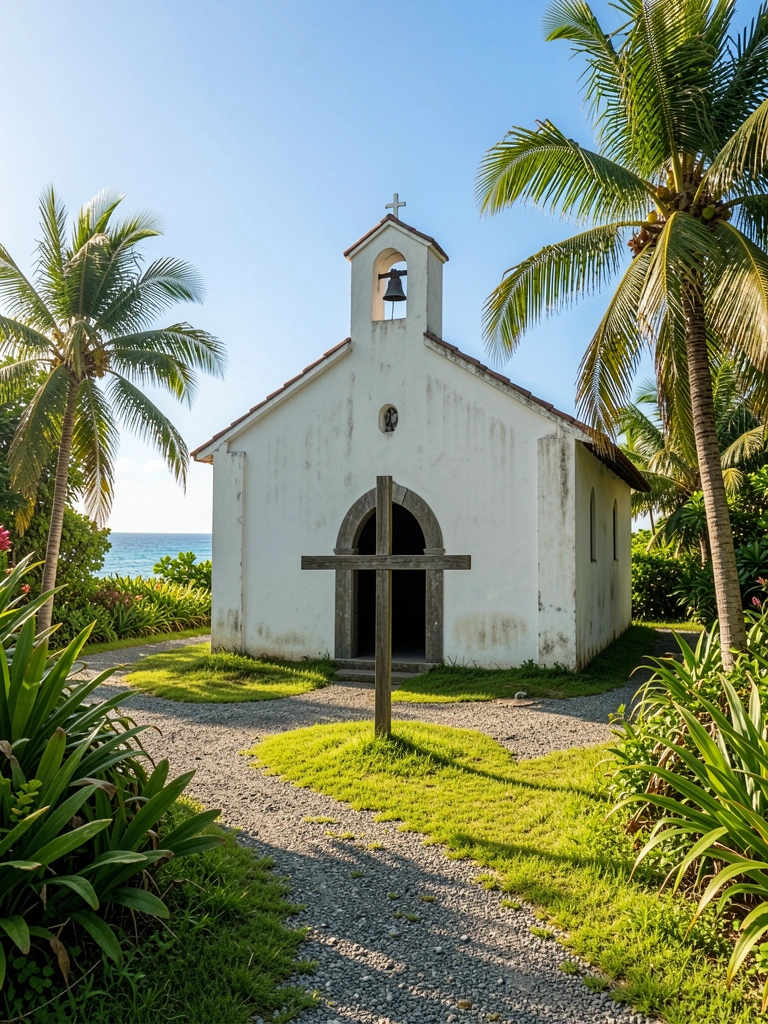 Igreja branca com porta escura e torre sineira, cercada por palmeiras e vegetação tropical, com oceano azul ao fundo sob luz natural intensa.