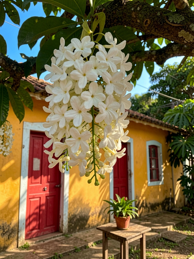 Cachos de flores brancas pendem de um galho, emoldurando uma casa colonial amarela com porta vermelha e uma mesinha rústica com vaso.