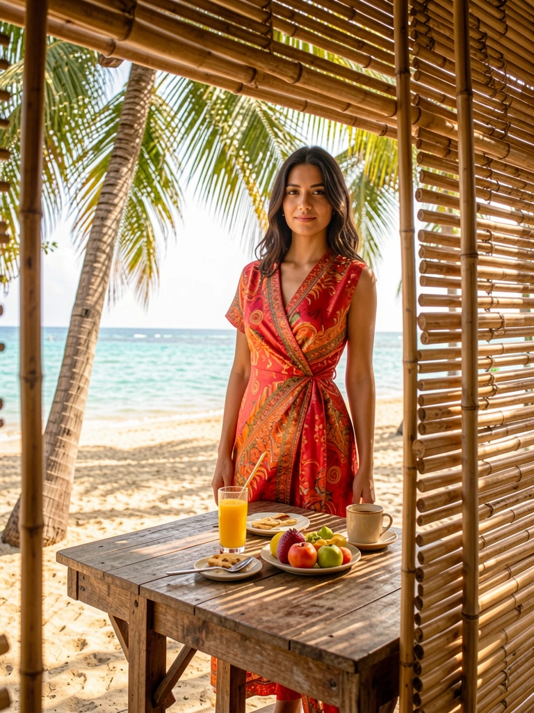 Mesa rústica de madeira com café da manhã na praia, mulher de vestido vermelho e laranja ao lado, coqueiros e mar azul ao fundo, luz filtrada por veneziana de bambu.