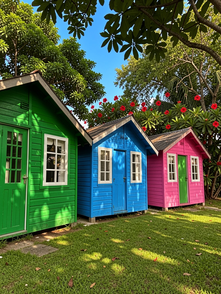 Três cabanas de praia verdes, azuis e rosas sob árvores frondosas, com flores de hibisco ao fundo, luz natural filtrada pela folhagem.