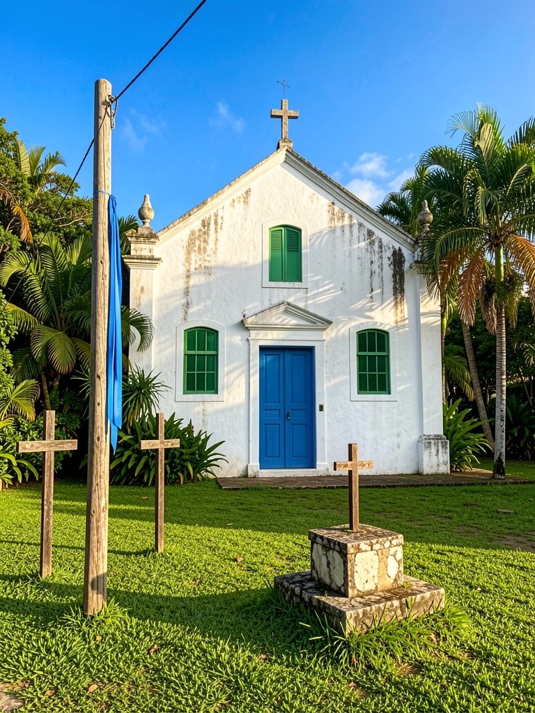 Igreja branca com porta azul e janelas verdes, grama verde, céu azul vibrante, poste de madeira com fita azul e cruzes, luz natural.