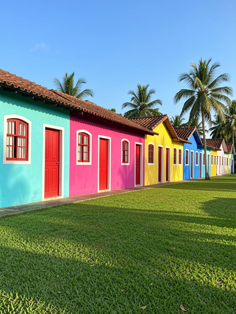 Fileira de casas coloridas em turquesa, magenta, amarelo e azul, com portas vermelhas e telhados de terracota sob céu azul claro.