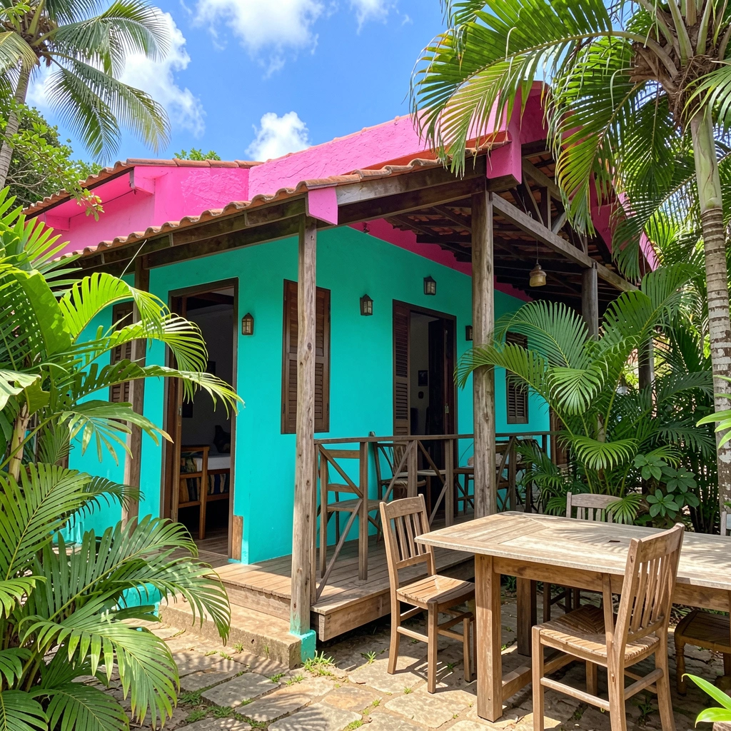 Fachada turquesa com telhado rosa e varanda de madeira, mesa rústica ao ar livre, folhagens tropicais e céu azul com nuvens.