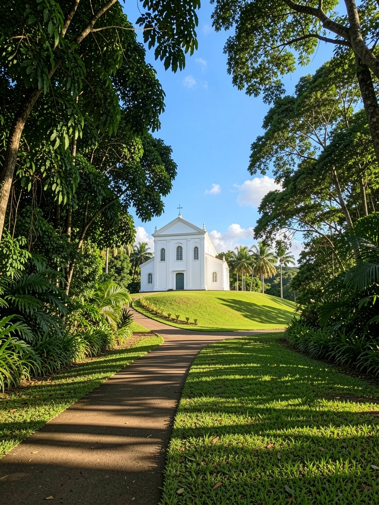 Igreja branca em colina gramada, árvores verdes, caminho pavimentado, céu azul, luz solar filtrada.