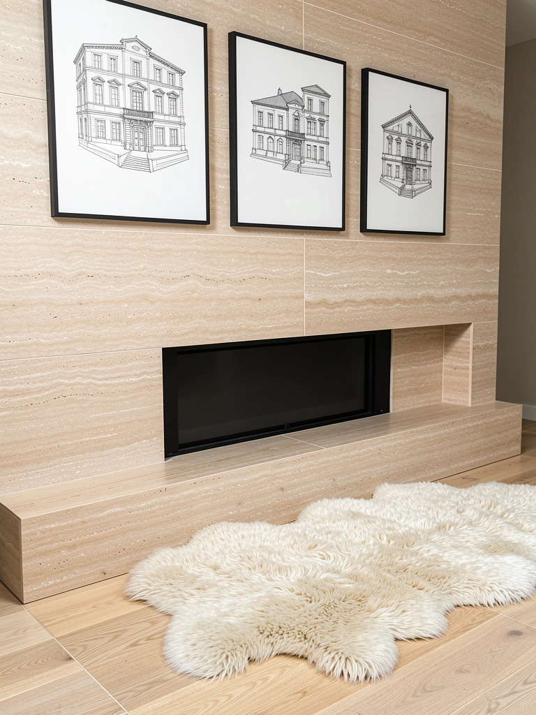 Parede revestida com travertino romano bege, lareira linear embutida no mesmo material, três quadros de arquitetura em preto e branco suspensos acima, carpete de pele de carneiro cremosa no chão de madeira clara.