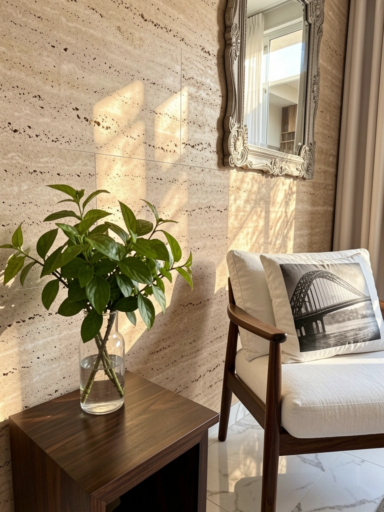 Parede de travertino iluminada por luz natural, mesa lateral de madeira escura com vaso de vidro e planta verde, poltrona com almofada de linho branco ao fundo.