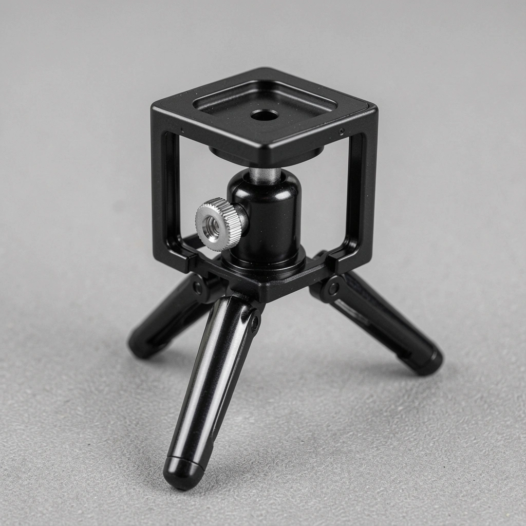 Close-up de tripé preto de metal com suporte quadrado para smartphone e cabeça esférica, pernas de alumínio polido sobre superfície cinza, iluminação suave destacando o brilho metálico.