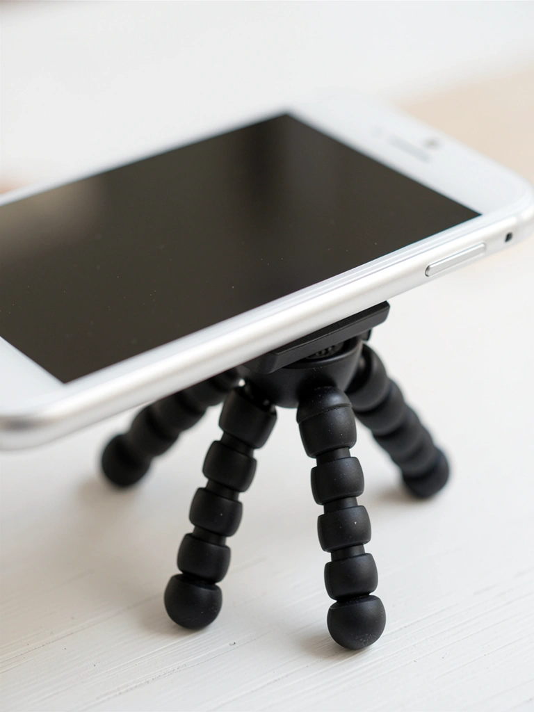 Smartphone branco com tripé mini preto de pernas flexíveis, luz natural suave destacando texturas, ângulo elevado.