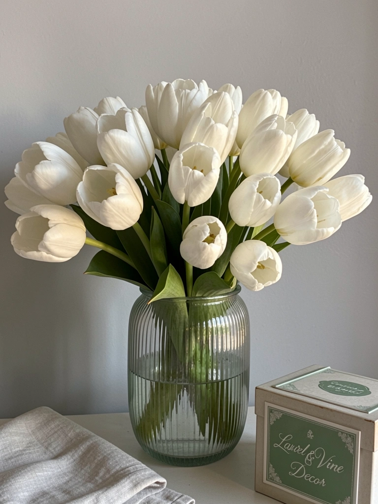 Vaso de vidro canelado com tulipas brancas sobre superfície clara, caixa com rótulo verde ao lado, luz natural suave.