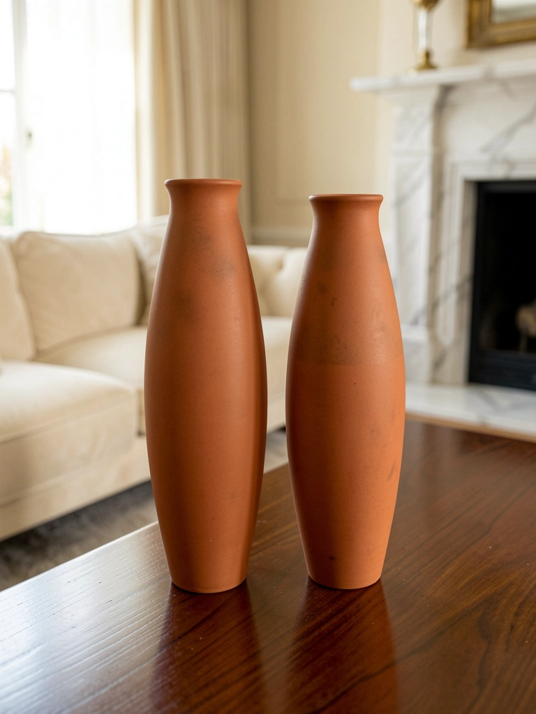Vasos de cerâmica terracota altos e alongados sobre mesa de madeira escura, com sofá creme e lareira de mármore ao fundo, iluminação natural difusa.