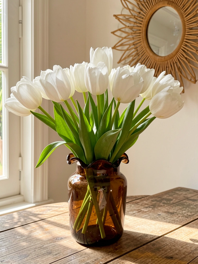 Tulipas brancas em vaso de vidro marrom rústico sobre mesa de madeira desgastada, com espelho de ráfia ao fundo e luz natural filtrada.