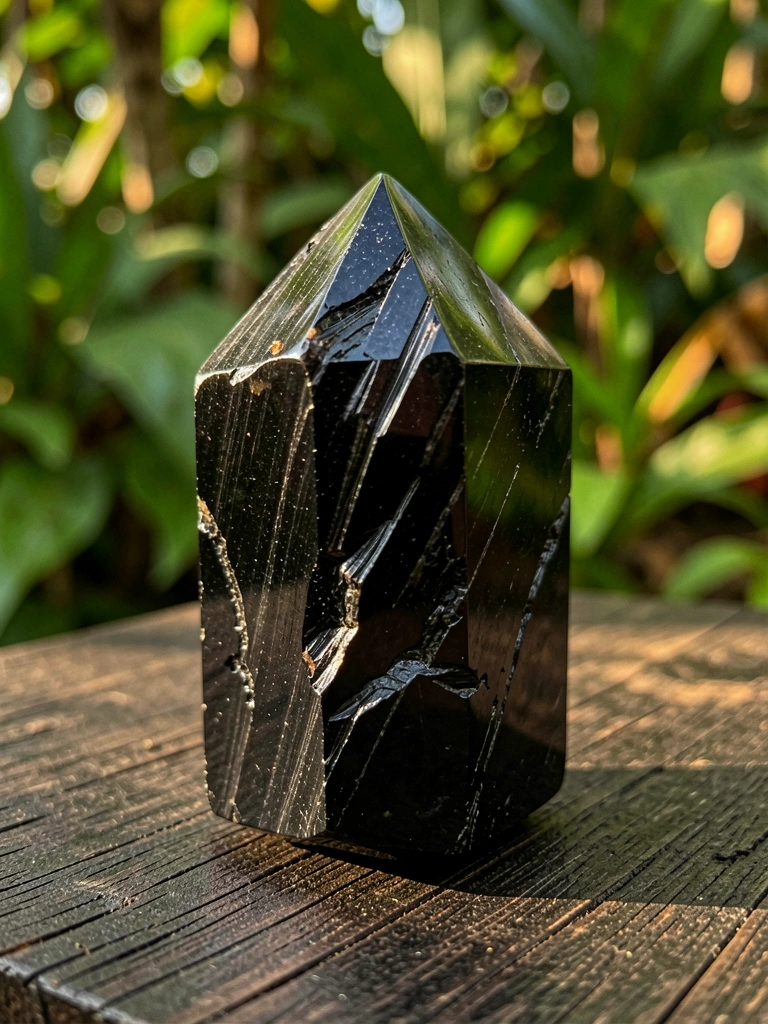 Cristal de turmalina negra polido sobre madeira escura texturizada, com folhagem verde desfocada ao fundo e luz solar difusa quente destacando suas estrias e bordas vítreas.