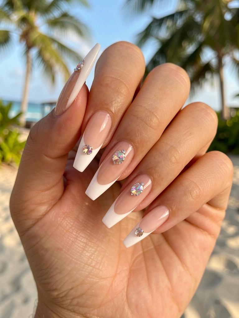 Mãos femininas com unhas longas e finas exibindo french manicure branca e nude com cristal iridescente na ponta, luz natural difusa e fundo desfocado.
