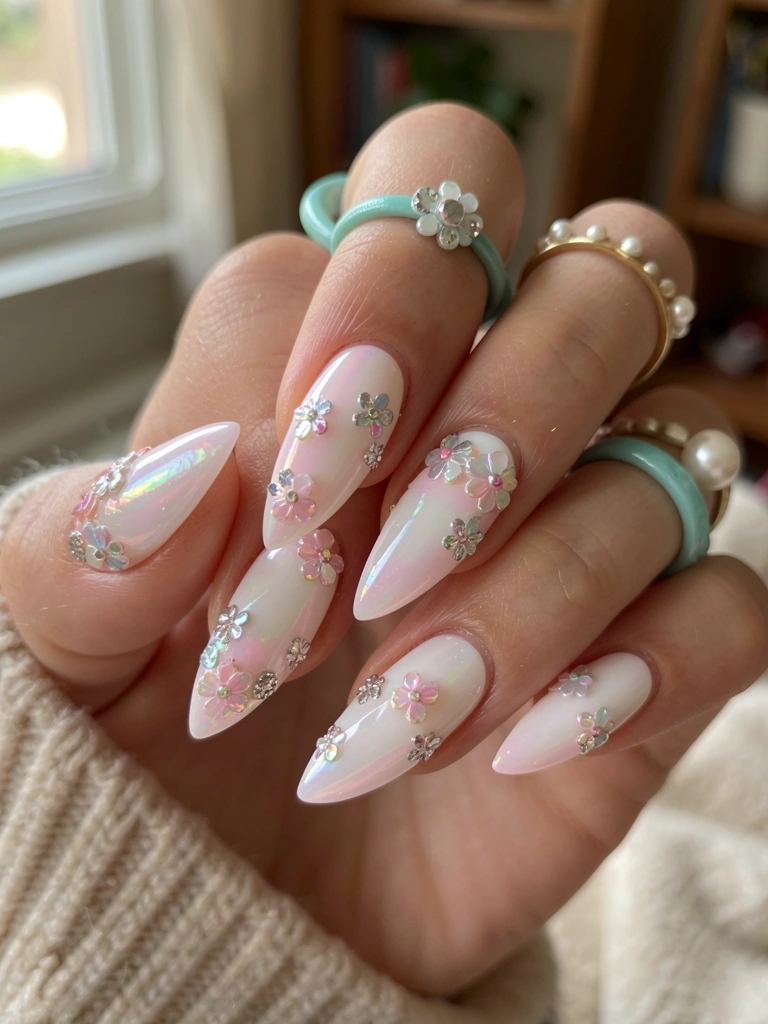 Mãos com unhas acrílicas brancas e rosadas iridescentes, decoradas com florzinhas brilhantes e strass, anéis de turquesa e pérola, luz natural difusa.