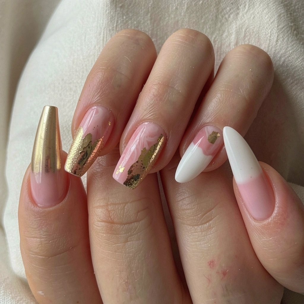 Mãos com unhas decoradas em tons de rosa e dourado, com efeito marmorizado, glitter e ponta branca, sobre tecido neutro macio.