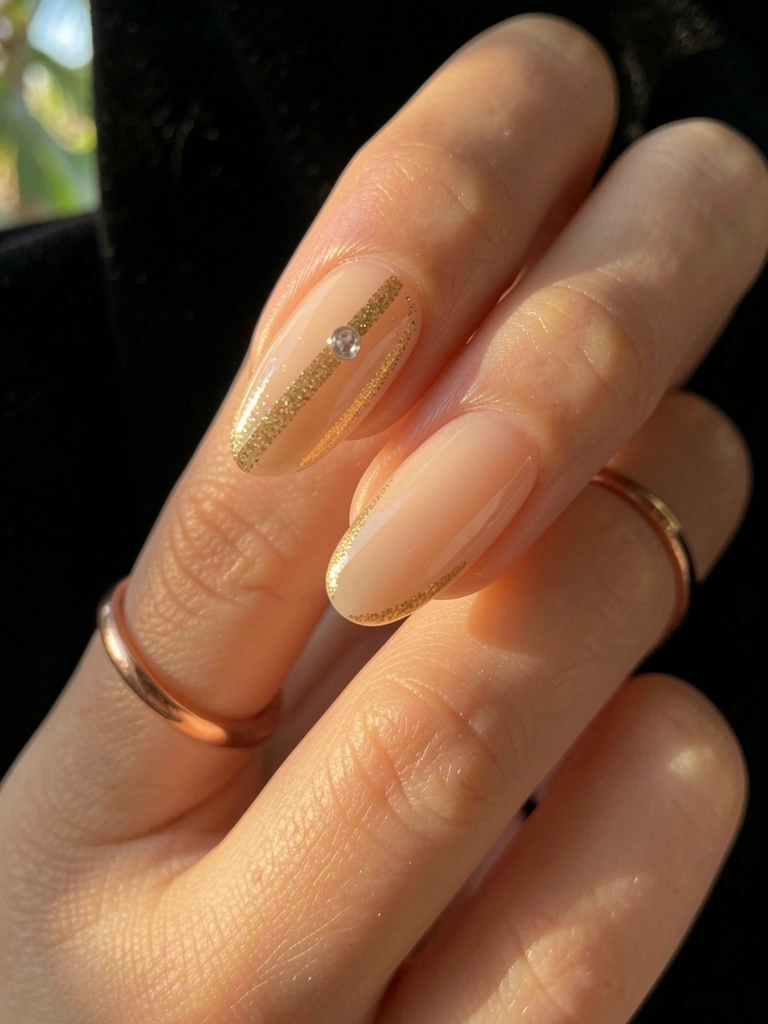Close-up de unha curta nude com glitter dourado alongado e cristal, anel de rosé no dedo adjacente, luz natural difusa, fundo preto aveludado.