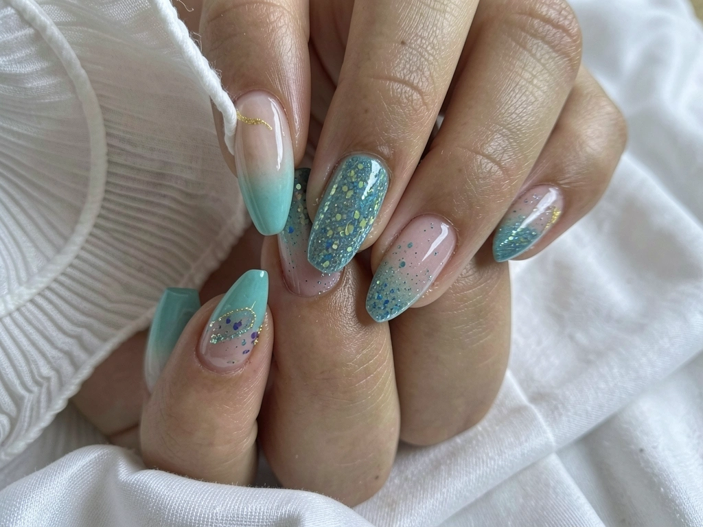 Unhas decoradas com esmalte turquesa e glitter, fundo de tecido texturizado, close-up elegante e natural.