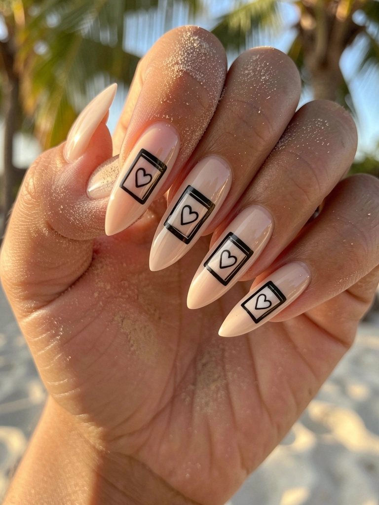 Mãos femininas com unhas nude e desenho geométrico preto e branco, bloco retangular com coração, luz natural suave e fundo tropical desfocado.