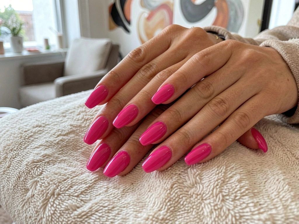 Mãos femininas com unhas rosas vibrantes e brilhantes sobre superfície texturizada, em ambiente caseiro e acolhedor, com fundo abstrato que sugere salão de beleza.